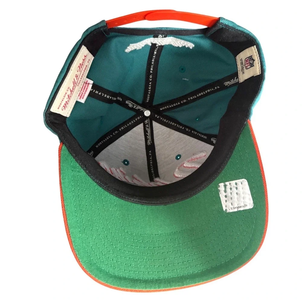 Mitchell Ness Miami Dolphins NFL Snapback Hat Teal Orange Script Logo Helmet Men
